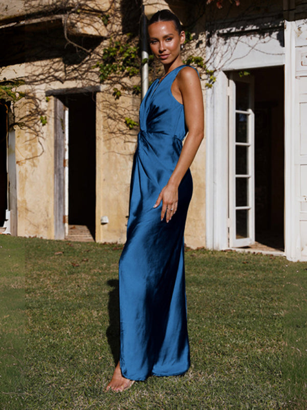 V-Neck Knotted Pleated Sleeveless Evening Party Dress in 4 Colors S-XL