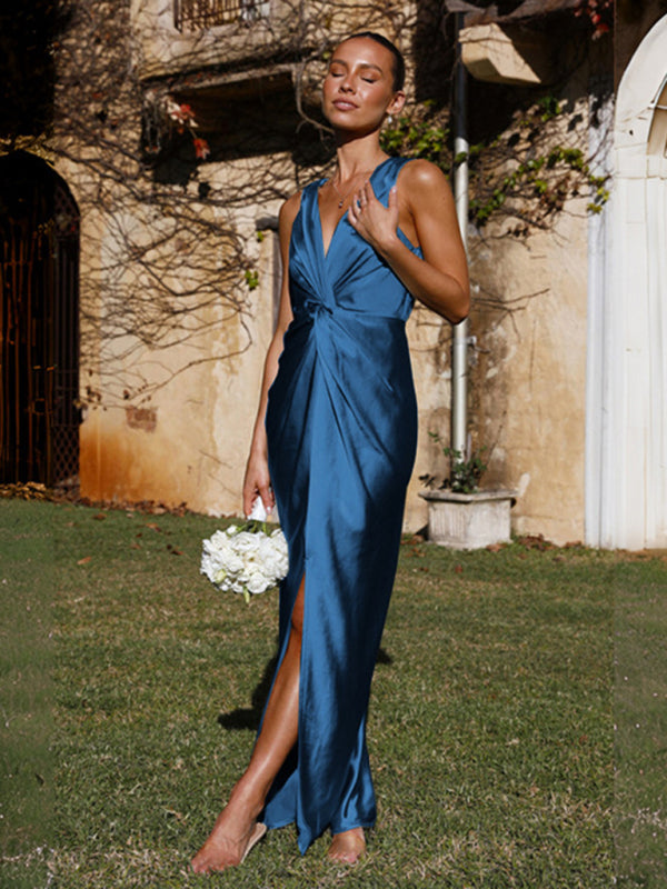 V-Neck Knotted Pleated Sleeveless Evening Party Dress in 4 Colors S-XL