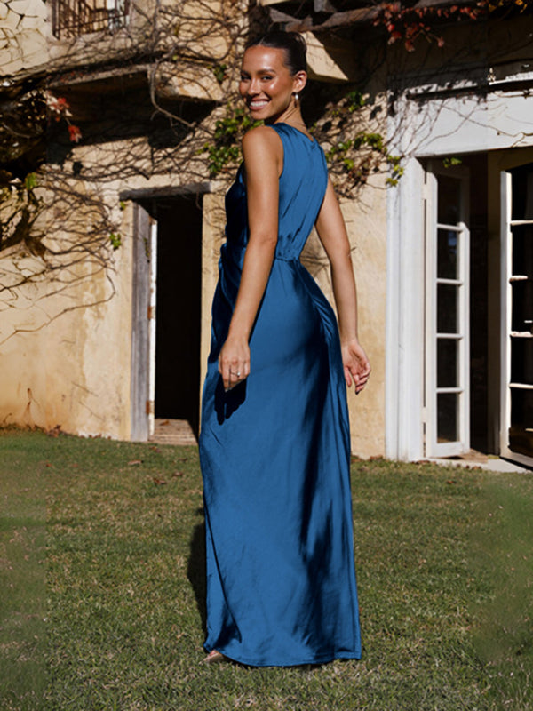 V-Neck Knotted Pleated Sleeveless Evening Party Dress in 4 Colors S-XL