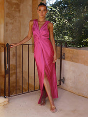 V-Neck Knotted Pleated Sleeveless Evening Party Dress in 4 Colors S-XL