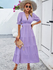 V-Neck Mid Sleeve Midi Dress with Open Back in 4 Colors S-XL