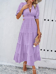 V-Neck Mid Sleeve Midi Dress with Open Back in 4 Colors S-XL