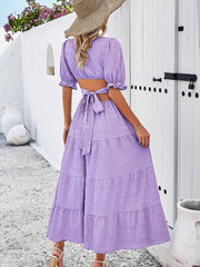 V-Neck Mid Sleeve Midi Dress with Open Back in 4 Colors S-XL