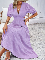 V-Neck Mid Sleeve Midi Dress with Open Back in 4 Colors S-XL