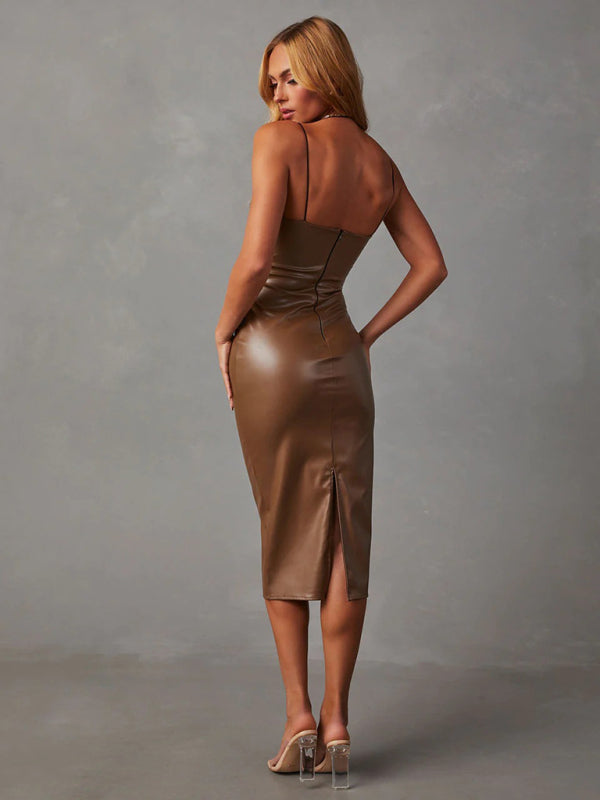 Slim Fit PU Leather Backless Midi Dress in 2 Colors S-XL