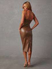 Slim Fit PU Leather Backless Midi Dress in 2 Colors S-XL