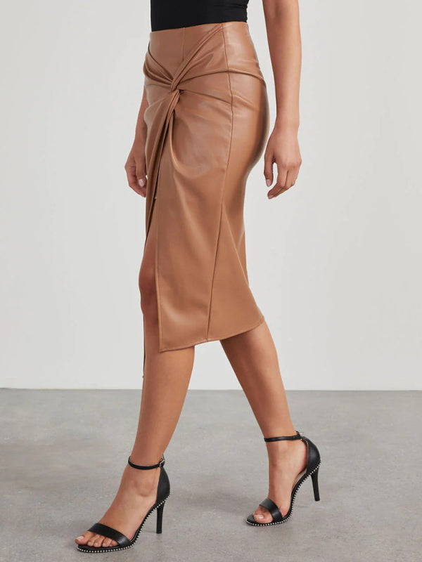 Mid-Length PU Leather Skirt with Knot and Leg Slit in 2 Colors Waist 28-34