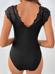 Black V-Neck Bodysuit with Lace Detail S-XL