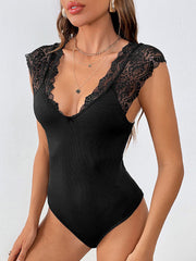 Black V-Neck Bodysuit with Lace Detail S-XL