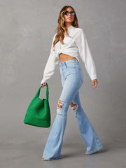 Washed Ripped High Waist Flare Jeans Waist 26-31