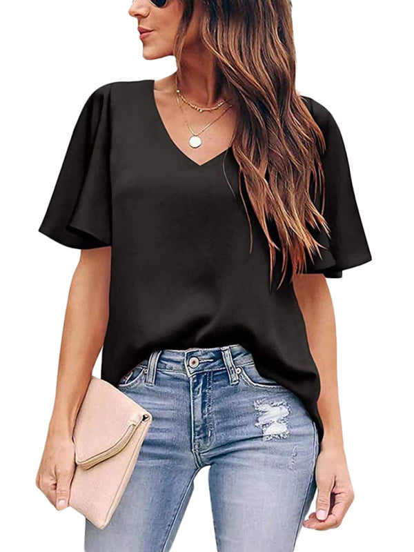 V-Neck Ruffle Short Sleeve Top in 6 Colors S-2XL