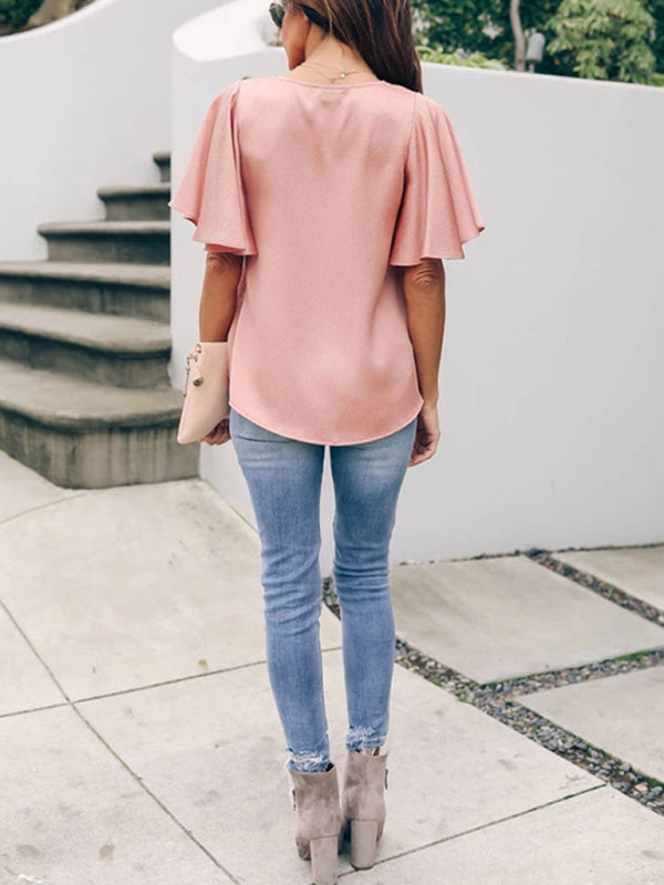 V-Neck Ruffle Short Sleeve Top in 6 Colors S-2XL