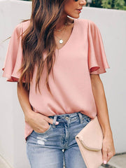 V-Neck Ruffle Short Sleeve Top in 6 Colors S-2XL