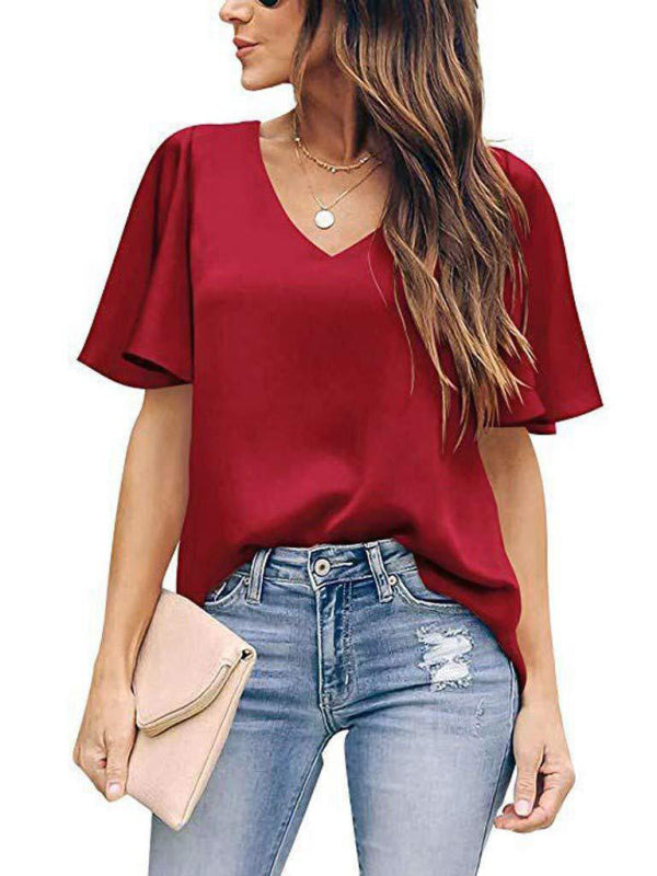 V-Neck Ruffle Short Sleeve Top in 6 Colors S-2XL