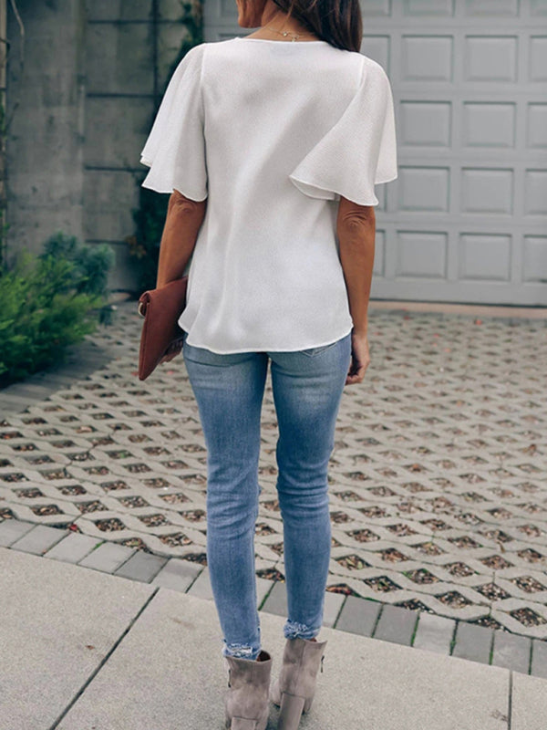 V-Neck Ruffle Short Sleeve Top in 6 Colors S-2XL