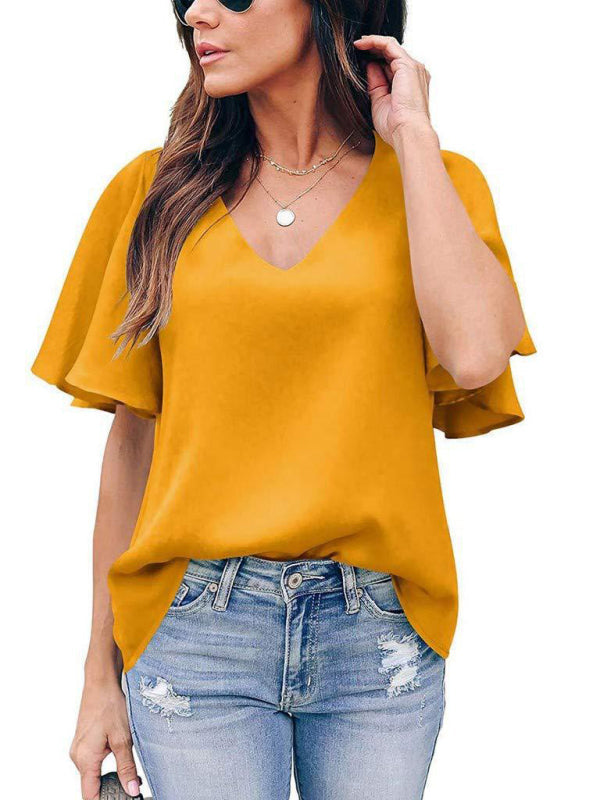 V-Neck Ruffle Short Sleeve Top in 6 Colors S-2XL