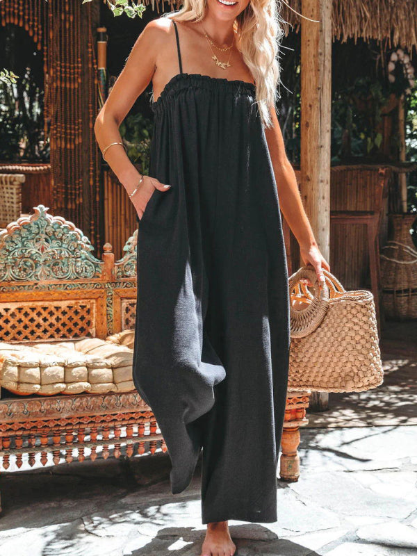 Wide Leg Cropped Sleeveless Jumpsuit with Side Pockets in 2 Colors S-XL
