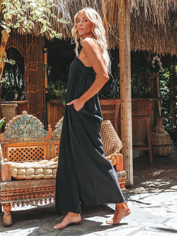 Wide Leg Cropped Sleeveless Jumpsuit with Side Pockets in 2 Colors S-XL