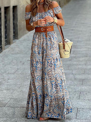 Off-the-Shoulder Short Sleeve Bohemian Maxi Dress S-XXL