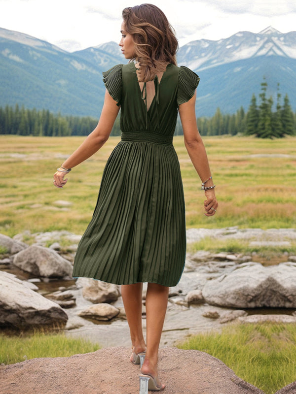V-Neck High Waist Short Sleeve Pleated Dress in 5 Colors S-XL