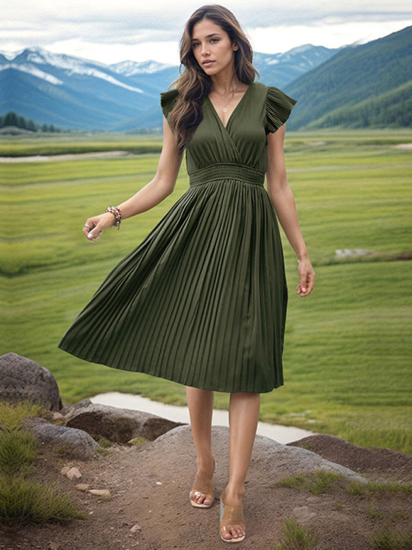 V-Neck High Waist Short Sleeve Pleated Dress in 5 Colors S-XL
