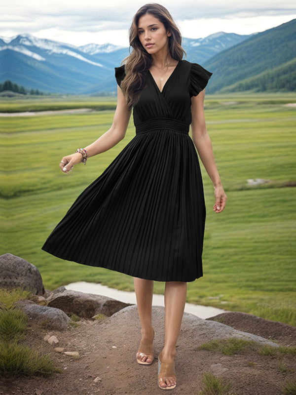 V-Neck High Waist Short Sleeve Pleated Dress in 5 Colors S-XL
