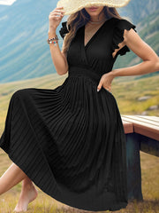 V-Neck High Waist Short Sleeve Pleated Dress in 5 Colors S-XL