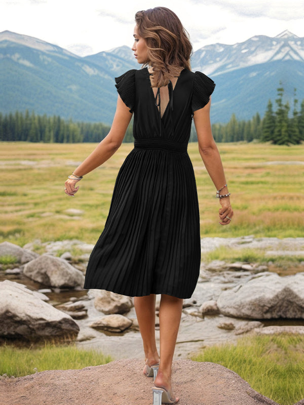 V-Neck High Waist Short Sleeve Pleated Dress in 5 Colors S-XL