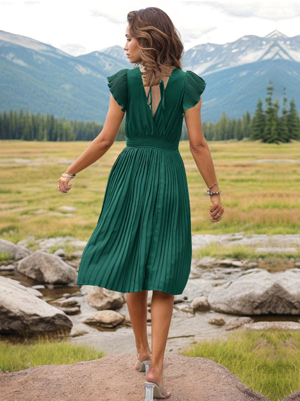 V-Neck High Waist Short Sleeve Pleated Dress in 5 Colors S-XL