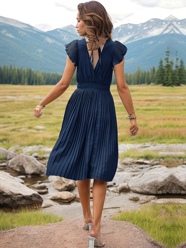 V-Neck High Waist Short Sleeve Pleated Dress in 5 Colors S-XL