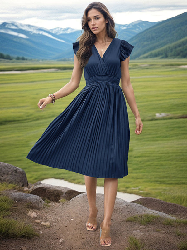 V-Neck High Waist Short Sleeve Pleated Dress in 5 Colors S-XL