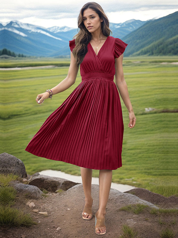 V-Neck High Waist Short Sleeve Pleated Dress in 5 Colors S-XL