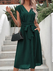 V-Neck Short Sleeve Midi Dress with Pockets and Waist Tie in 10 Colors S-XL