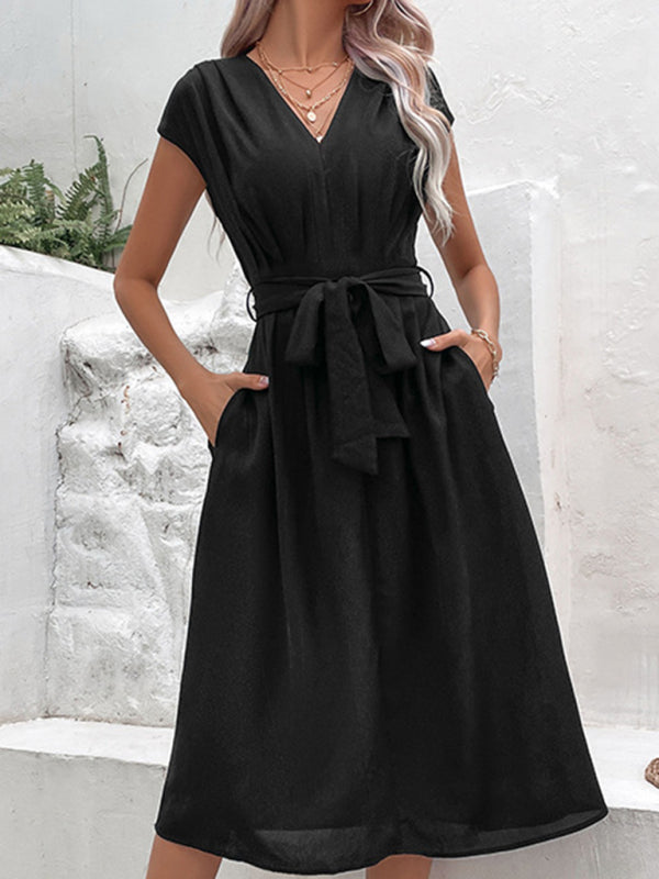V-Neck Short Sleeve Midi Dress with Pockets and Waist Tie in 10 Colors S-XL