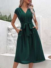 V-Neck Short Sleeve Midi Dress with Pockets and Waist Tie in 10 Colors S-XL