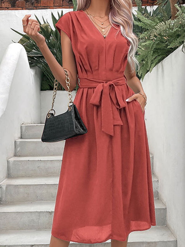 V-Neck Short Sleeve Midi Dress with Pockets and Waist Tie in 10 Colors S-XL