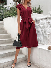V-Neck Short Sleeve Midi Dress with Pockets and Waist Tie in 10 Colors S-XL