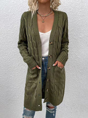 V-Neck Button-Up Long Cardigan with Pockets