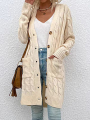 V-Neck Button-Up Long Cardigan with Pockets