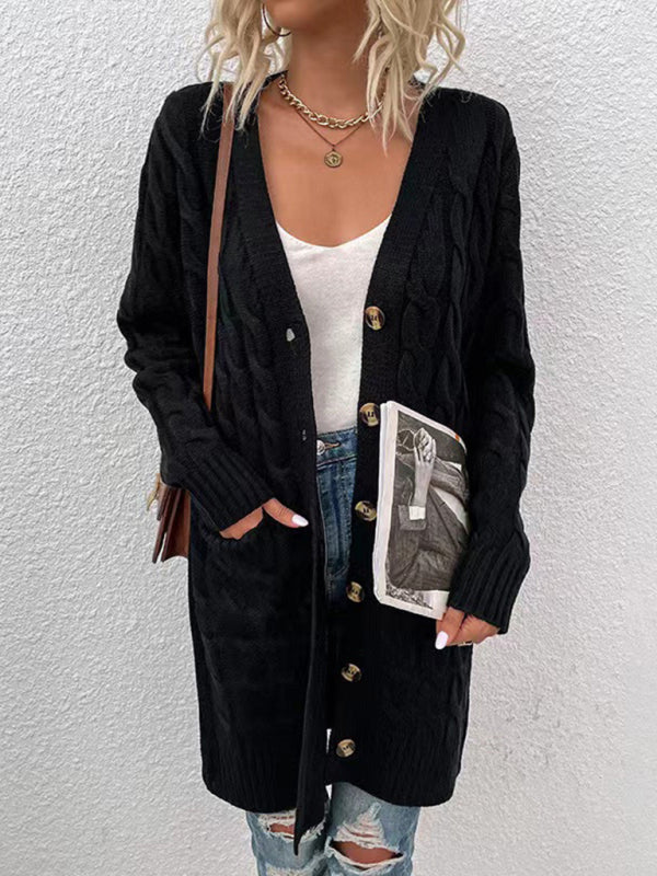 V-Neck Button-Up Long Cardigan with Pockets