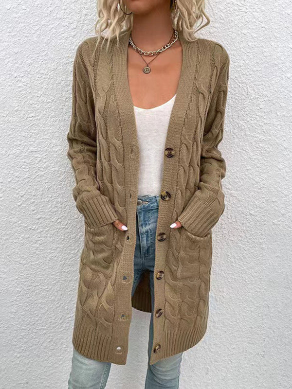 V-Neck Button-Up Long Cardigan with Pockets