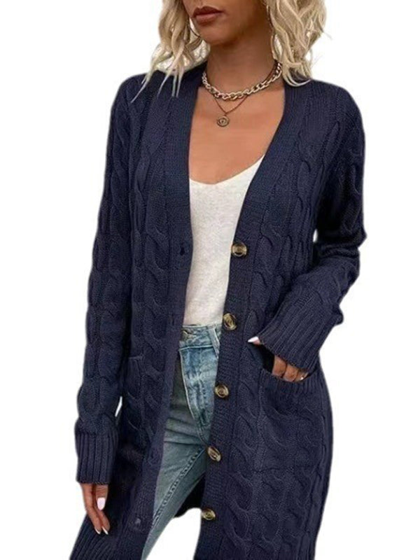 V-Neck Button-Up Long Cardigan with Pockets