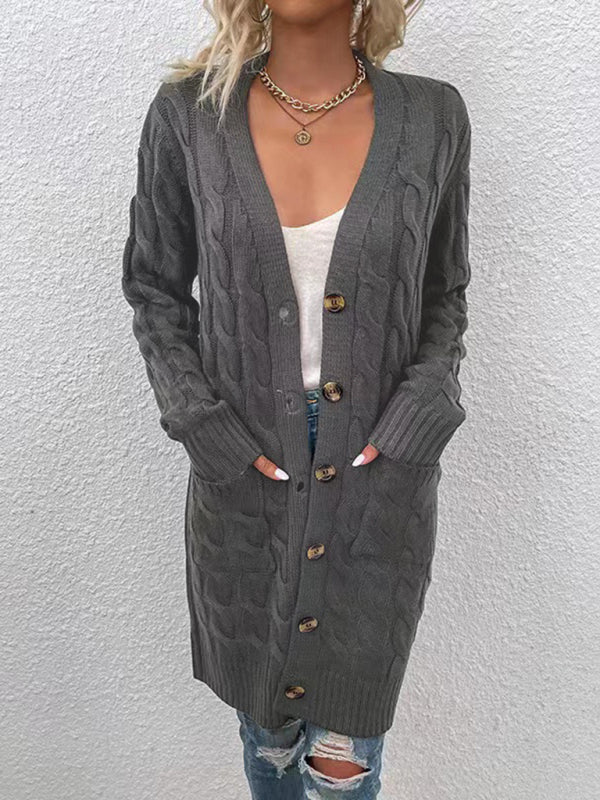 V-Neck Button-Up Long Cardigan with Pockets