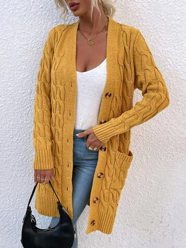 V-Neck Button-Up Long Cardigan with Pockets