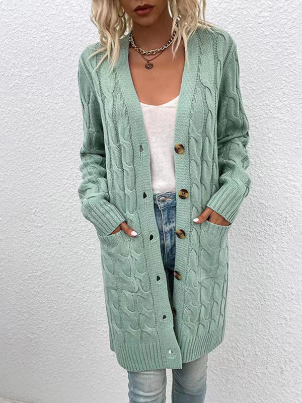 V-Neck Button-Up Long Cardigan with Pockets