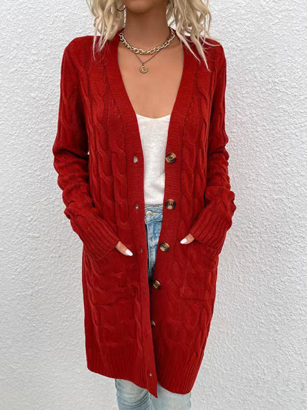 V-Neck Button-Up Long Cardigan with Pockets