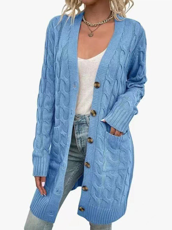 V-Neck Button-Up Long Cardigan with Pockets