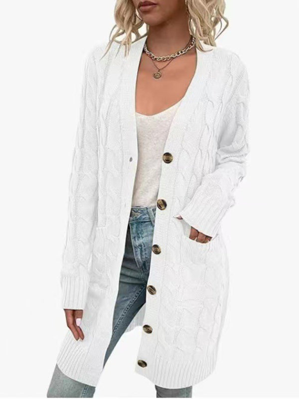 V-Neck Button-Up Long Cardigan with Pockets