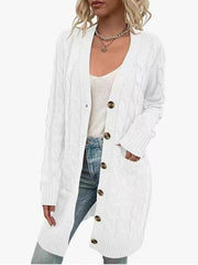 V-Neck Button-Up Long Cardigan with Pockets