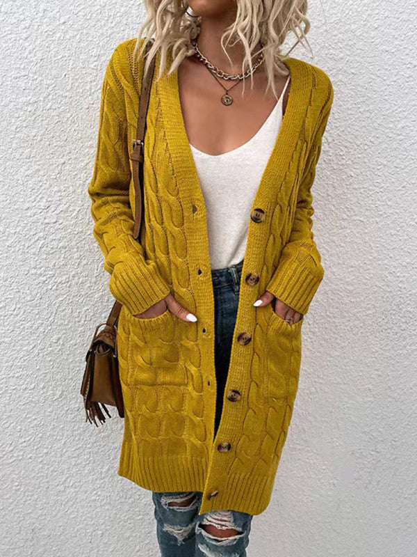 V-Neck Button-Up Long Cardigan with Pockets